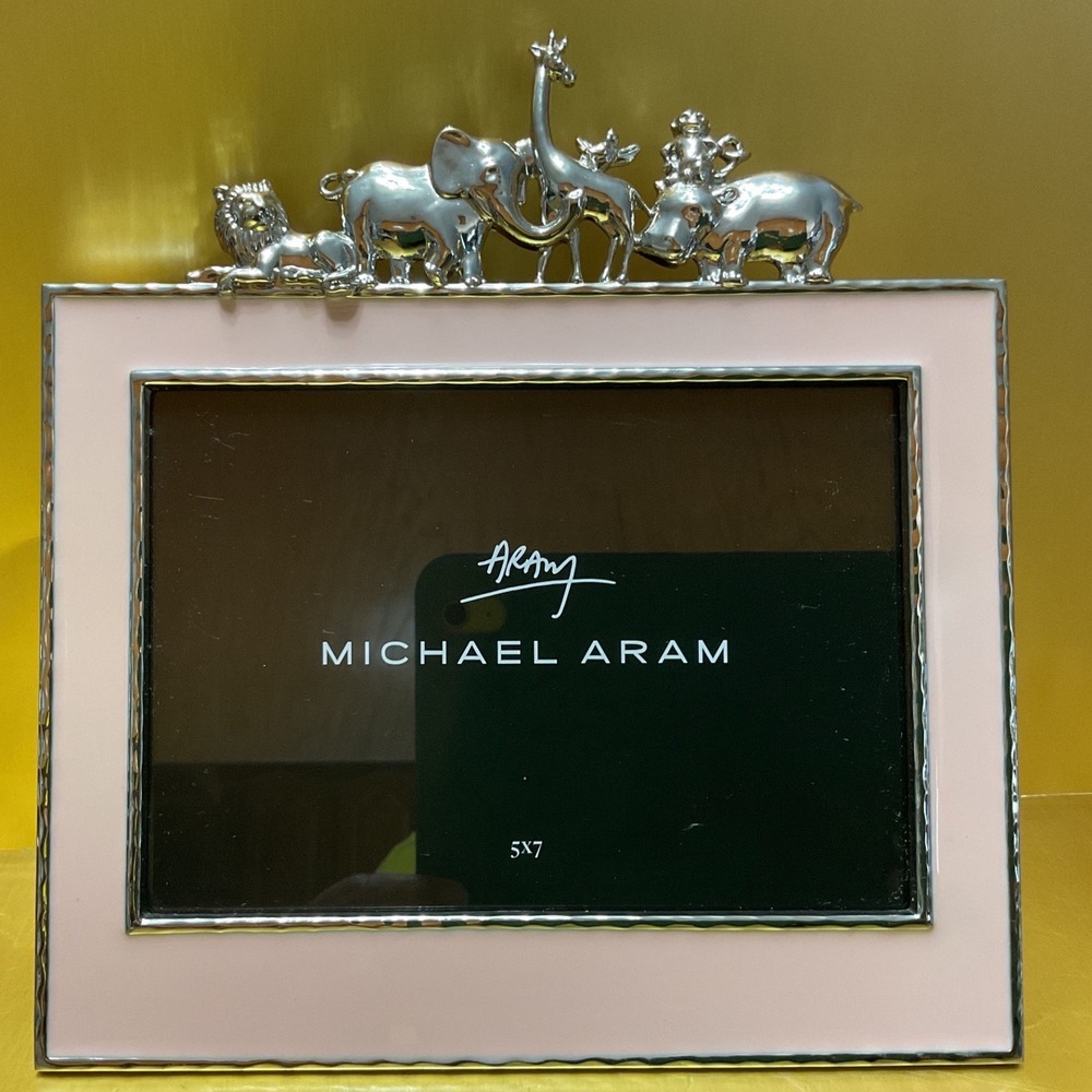 Michael Aram Noahs Ark Safari Animals Pink Enamel 5x7 Picture Frame Silver Tone